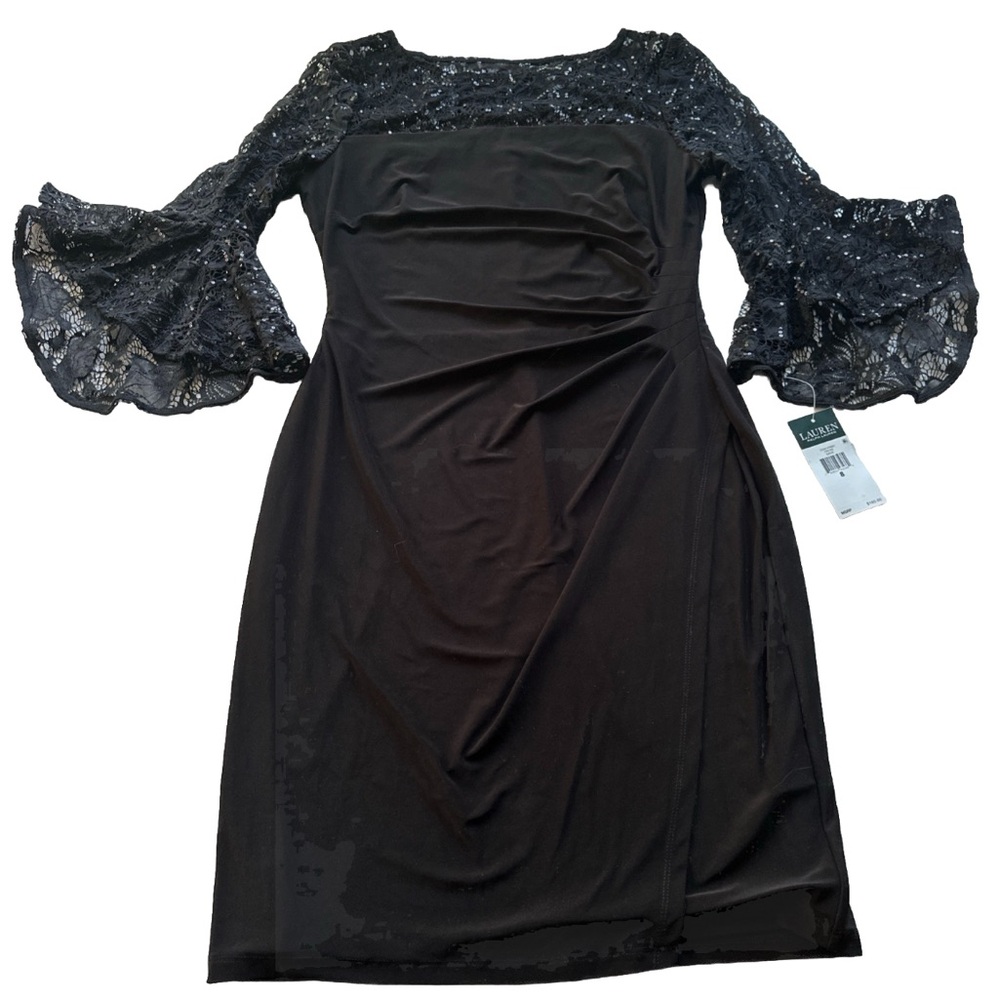 Lauren Ralph Lauren Women's Lace Bell Sleeve Ruched Black Dress Size 8 NWT